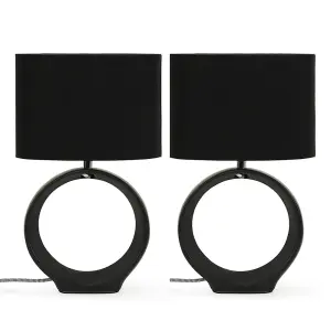 ValueLights Tia Pair of Black Hoop Ceramic Bedside Table Lamps with a Fabric Lampshade Living Room Light - Bulbs Included