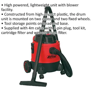 1250W Wet & Dry Vacuum Cleaner - 20L Drum Capacity - 4m Cable & 3 Pin UK Plug