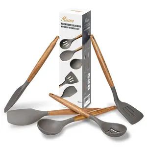 Non-Stick Cooking Utensils, Silicone Kitchen Utensils Set With Natural Acacia Hard Wood Handle, 5 Piece, Black, BPA Free, Baking & Serving Wooden Cooking Spoon Grey