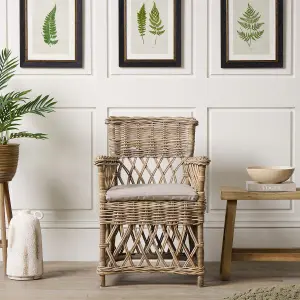 High Back Armchair Grey Removable Cushion Seat with a Classic Rattan Weave Frame