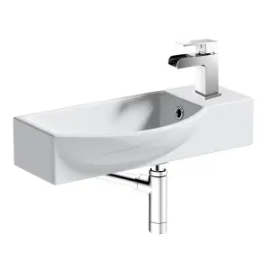 460mm Curved Wall Hung 1 Tap Hole Basin Chrome Waterfall Tap & Minimalist Bottle Trap Waste