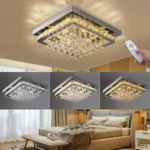 Modern Square Fancy Chrome Crystal LED Flush Mount Ceiling Light Fixture Chandelier 40cm, Dimmable