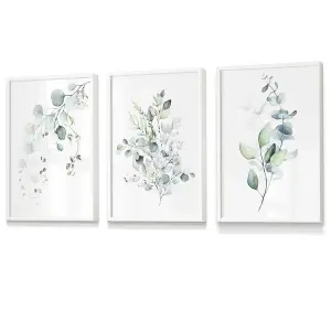 Set of 3 Green Blue Watercolour Eucalyptus Set 3 Wall Art Prints / 30x42cm (A3) / White Frame