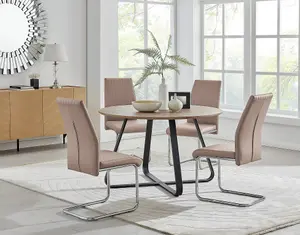 Furniturebox UK Santorini Brown Wood Contemporary Round Round Dining Table And 4 Cappuccino Beige Lorenzo Chairs Set