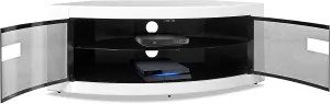 Homeology PANGEA Gloss White Curved Tru-Corner Black Beam-Thru Doors up to 50" TV Cabinet