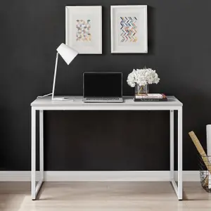 Furniturebox UK Kendrick Grey Marble Effect Desk 120cm for Home Working Study Gaming Office Desk. Elegant White Leg Melamine Desk