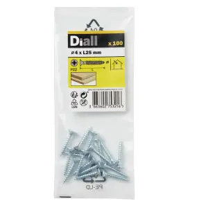 Diall Double-countersunk Zinc-plated Carbon steel Screw (Dia)4mm (L)25mm, Pack of 100