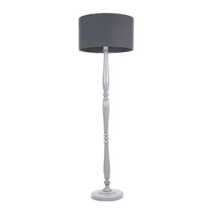 ValueLights Victoria Traditional Grey Wood Candlestick Floor Lamp with Charcoal Drum Shade