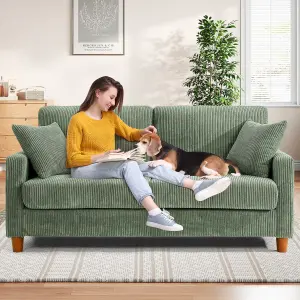 178cm Green Corduroy Couch, 3 Seater Sofa with Wood Legs, Deep Seat Sofa