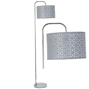 First Choice Lighting Chrome Arched Floor Lamp with Grey Laser Cut Shade