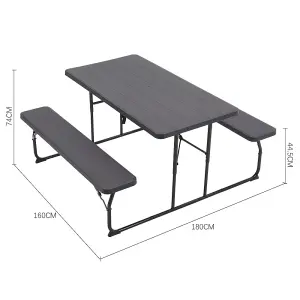 180cm W Outdoor Garden Foldable Picnic Table and Bench Set with Parasol Hole, Black