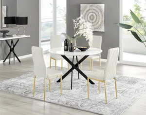 Furniturebox UK Novara White Gloss Black Leg 120cm Round Dining Table & 4 Cream Velvet Milan Gold Leg Chairs