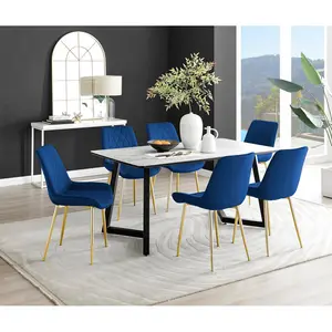 Industrial Design White & Grey Marble Effect Melamine Dining Table Set with 6 Luxury Velvet Chairs Navy/Gold