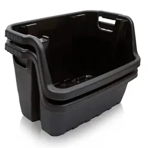 Set of 2 Open Fronted Black Plastic Crates Heavy Duty Stackable Storage Boxes