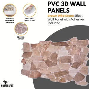 3D Wall Panels with Adhesive - 6 Sheets, 96 x 48 cm each, Covers 2.76sqm - PVC Cladding with Brown Wild Stone Effect