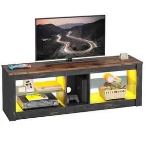 Nabria 55" length  TV Stand Cabinet with Glass Shelf & RGB LED Lighted for up to 65" TVs, Gaming Entertainment Center Brown/Black