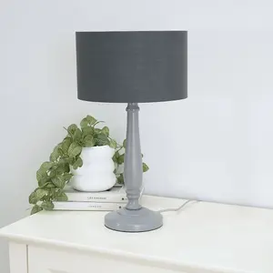 ValueLights Victoria Traditional Grey Wood Candlestick Table Lamp with Charcoal Drum Shade