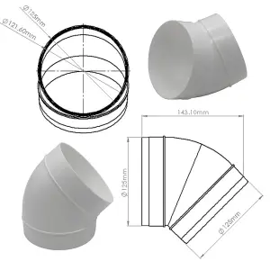 Kair 45 Degree Elbow Bend 125mm - 5 inch Round Plastic Ducting Joint to Connect Round Duct Pipe or Flexible Hose