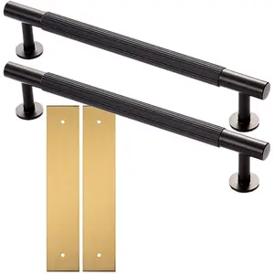 2 PACK - Pull Handle & Contrasting Backplate Set - Reeded Lined T Bar - Matt Black & Satin Brass