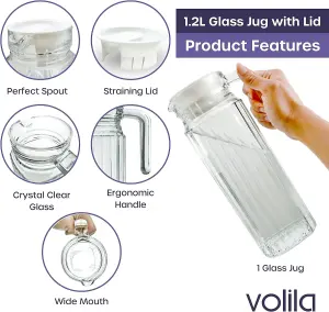 1L Glass Fridge Jug with Lid Clear Water Pitcher with Ribbed Design, Vented Spout & Handle for Juices, Pimms & Everyday Use