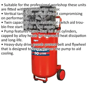 90 Litre Vertical Belt Drive Air Compressor - 3hp Motor - Quick Release Coupling