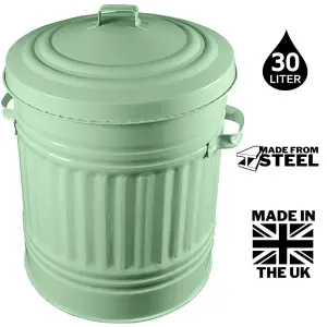 Sage Green Metal Bin Retro Style Dustbin for Bathroom or Kitchen - 30L