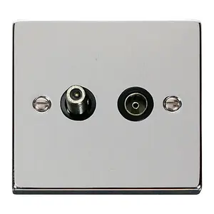 Polished Chrome Satellite And Isolated Coaxial 1 Gang Socket - Black Trim - SE Home