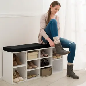 Shoe Rack - storage cabinet for 10 pairs of shoes, bench with seat cushion, 103.5 x 48 x 30 cm - black/white