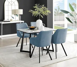 Furniturebox UK Carson White Marble Effect Dining Table & 4 Blue Falun Black Leg Chairs