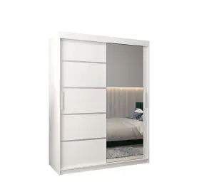 Verona 02 Contemporary 2 Mirrored Sliding Door Wardrobe 5 Shelves 2 Rails White Matt (H)2000mm (W)1500mm (D)620mm