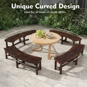 Costway Garden Curved Bench Patio Carbonized Wood Dining Bench Loveseat Slatted Seat