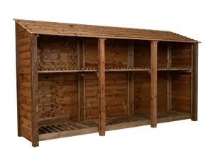 Wooden log store with kindling shelf W-335cm, H-180cm, D-88cm - brown finish