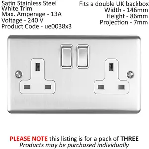 3 PACK 2 Gang Double UK Plug Socket SATIN STEEL & White 13A Switched Outlet