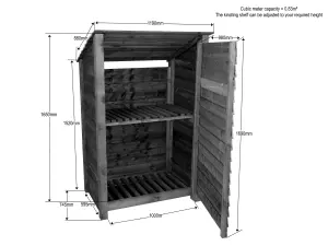 Wooden log store (roof sloping back) with door and kindling shelf W-119cm, H-180cm, D-88cm - natural (light green) finish