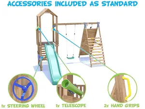 Dunster House Wooden Climbing Frame with Swing, Tall Climbing Wall & Slide BalconyFort Low Platform