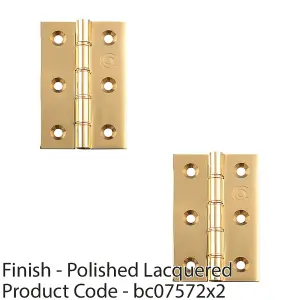 2 PACK - PAIR Double Bronze Washered Butt Hinge - 102 x 67 x 2.5mm Polished Brass Door