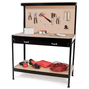 Workbench with pegboard, 2 shelves, 1 large drawer, 12 hooks, 120 x 60 x 156 cm - black