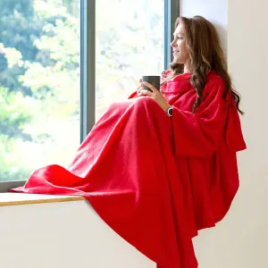 Snug Rug Cosy Sleeved Fleece Blanket With Sleeves and a Handy Pouch Pocket - RED