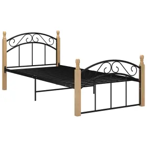 Berkfield Bed Frame Black Metal and Solid Oak Wood 90x200 cm