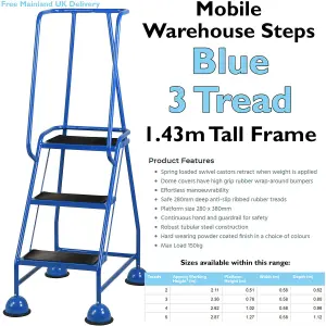 3 Tread Mobile Warehouse Steps BLUE 1.43m Portable Safety Ladder & Wheels