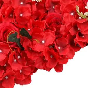 Artificial Flower Wall Backdrop Panel, 60cm x 40cm, Red with Green Leaves