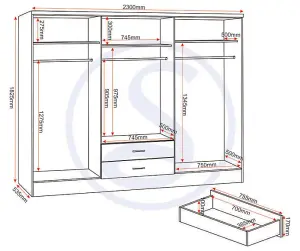 Nevada 6 Door 2 Drawer Mirrored Wardrobe in Oyster Gloss and Oak Effect Finish