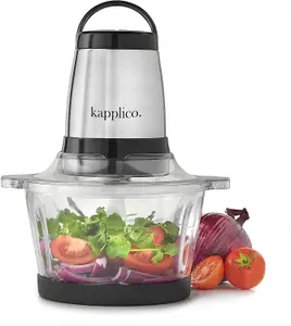 KAPPLICO Chrome Mini Chopper Mini Food Processor 4 bi-Level Blades - Energy Saver 250W Dual Speed - 2.0L Food Capacity Glass Bowl