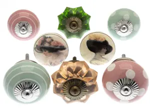 MangoTreeKnobs - Mixed Set of Green & Rose Pink Glass & Ceramic Cupboard Knobs x Pack 8 (MG-169)