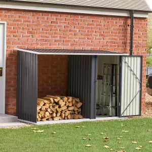 8 x 3 ft Metal Garden Log Store with Outdoor Tool Storage Shed Charcoal Black