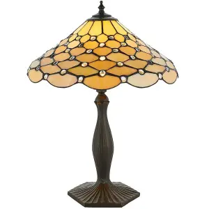 Tiffany Glass Table Lamp Light Dark Bronze & Rich Cream Geometric Shade i00226