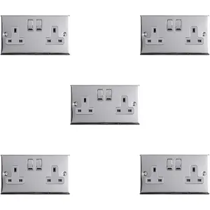 5 PACK 2 Gang Double UK Plug Socket POLISHED CHROME 13A Switched GREY Trim