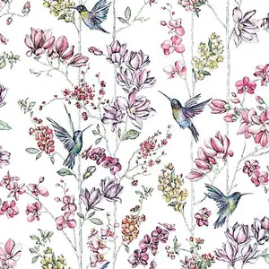 Holden Decor Glitter Humming Bird White/Multi Floral Bird Smooth Wallpaper