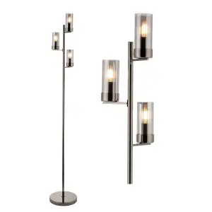 First Choice Lighting Nicholas Black Chrome Floor Lamp with Smoke Glass Shades