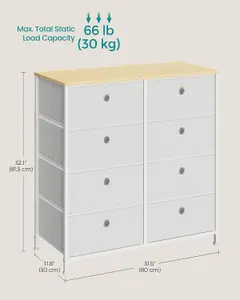 SONGMICS Storage Drawers, Storage Organiser, Chest of Drawers, with 8 Fabric Drawers, Dresser, Tabletop, Cream White and Oak